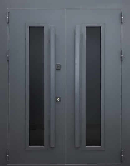 Двустворчатая остекленная термодверь с бугельными ручками и полимерным окрашиванием графит