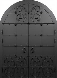 Арочная двустворчатая термодверь с коваными элементами и черным полимерным напылением